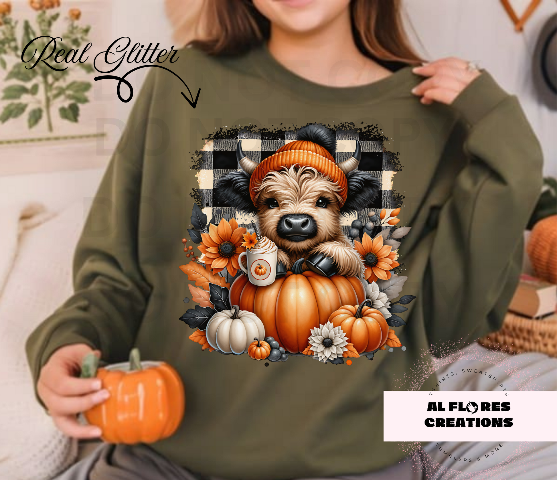 GLITTER Fall cow checkered background